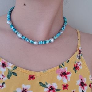 Heishi Silver Pearl Boho Blue Necklace
